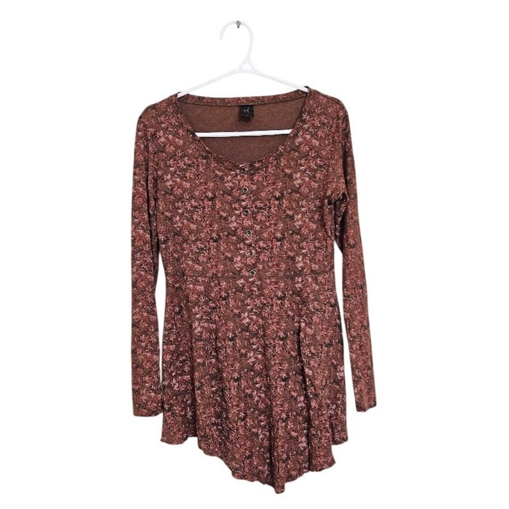 Peruvian Connection Pima Cotton Modal Floral Henley Tunic Top Brown XS